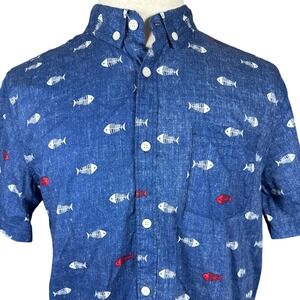 Brooklyn Cloth Men Large Blue Fish Bone Skeleton Print Short Sleeve Button Shirt